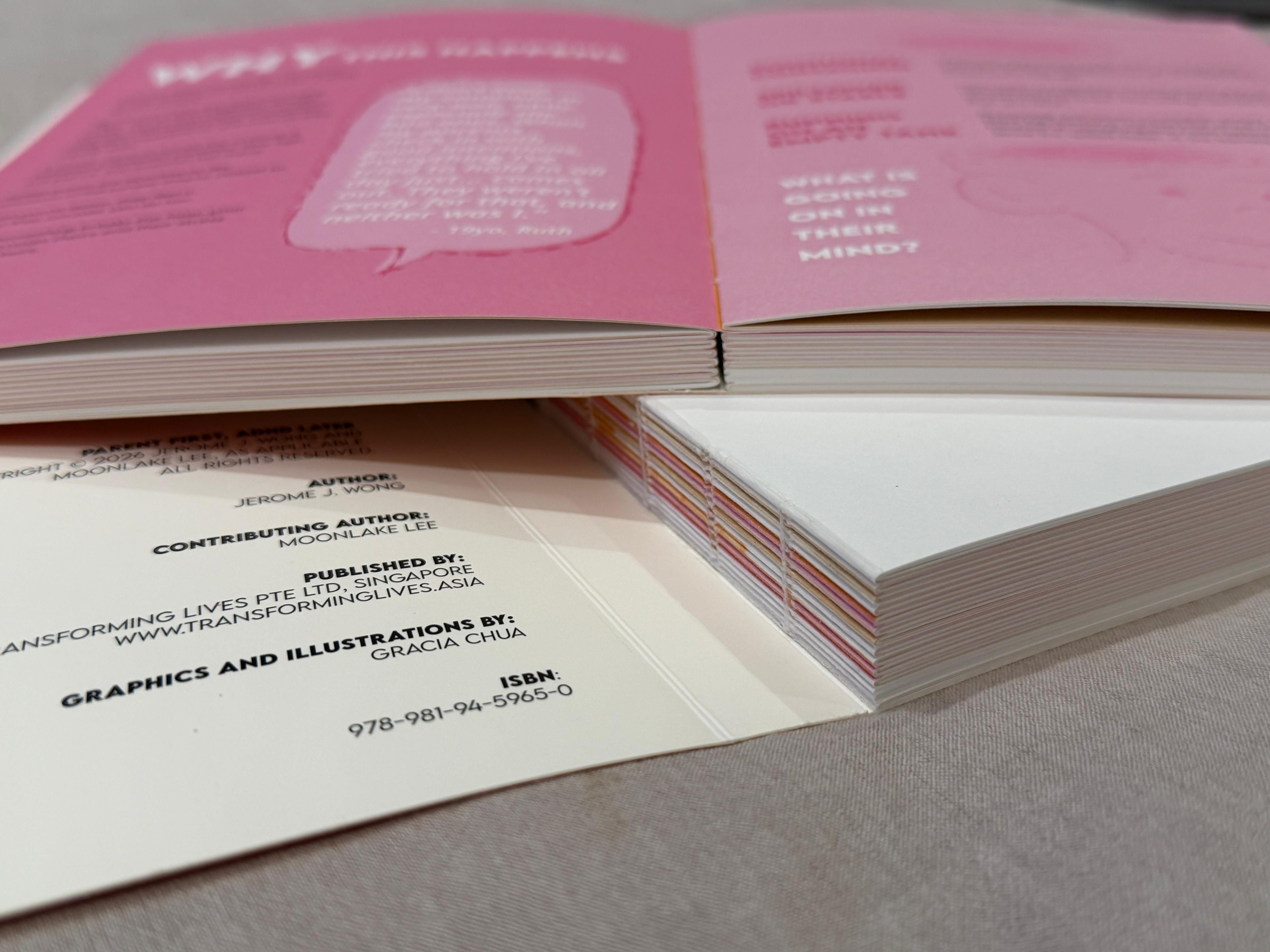 Parent First, ADHD Later — Swiss binding showing colourful page edges